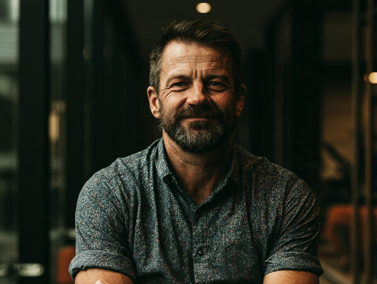 A middle-aged man with a greying beard smiling gently to camera in a softly lit interior.