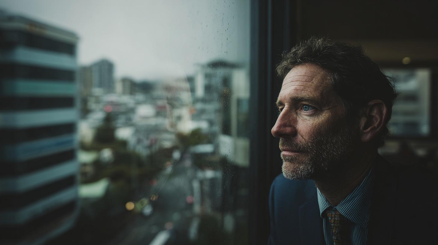 A thoughtful man in his late 40s in a tailored navy suit, standing by a floor-to-ceiling window in a modern New Zealand law office, looking out at soft overcast Wellington daylight in a quiet, reflective moment.